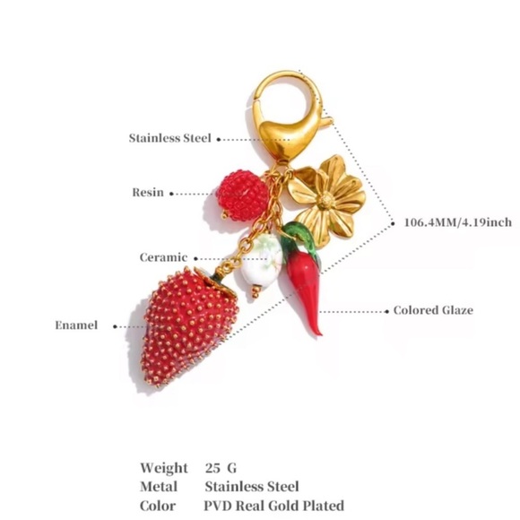 Strawberry Charm 18K Gold Stainless Steel Waterproof Keychain - Picture 7 of 7